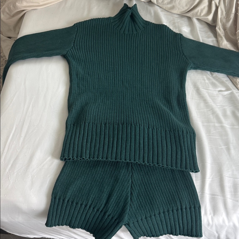 Free People Teal Ribbed 2 piece Knit Ensemble